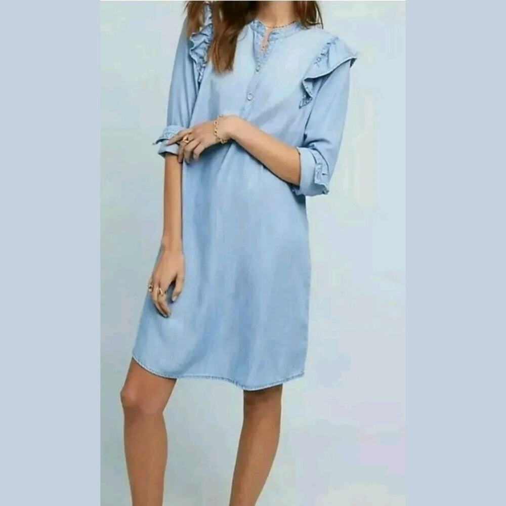 Anthropologie Cloth & Stone Ruffle Chambray Dress Size Small